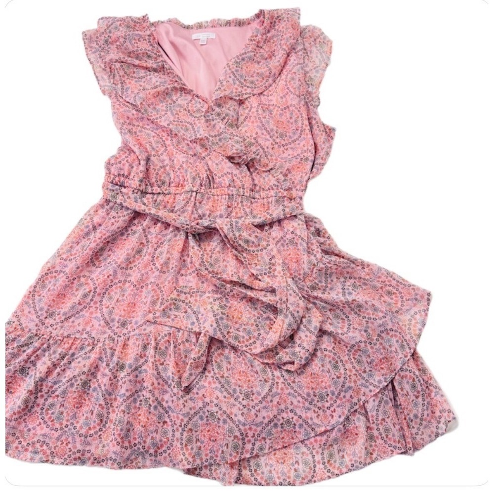 LC Lauren Conrad Faux Wrap Dress Women‎ XXL Pink Floral Ruffle Metallic Chiffon